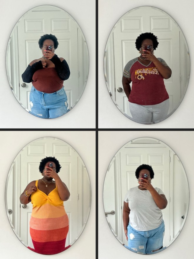four images of a black woman wearing different outfits showcased in the bathroom mirror